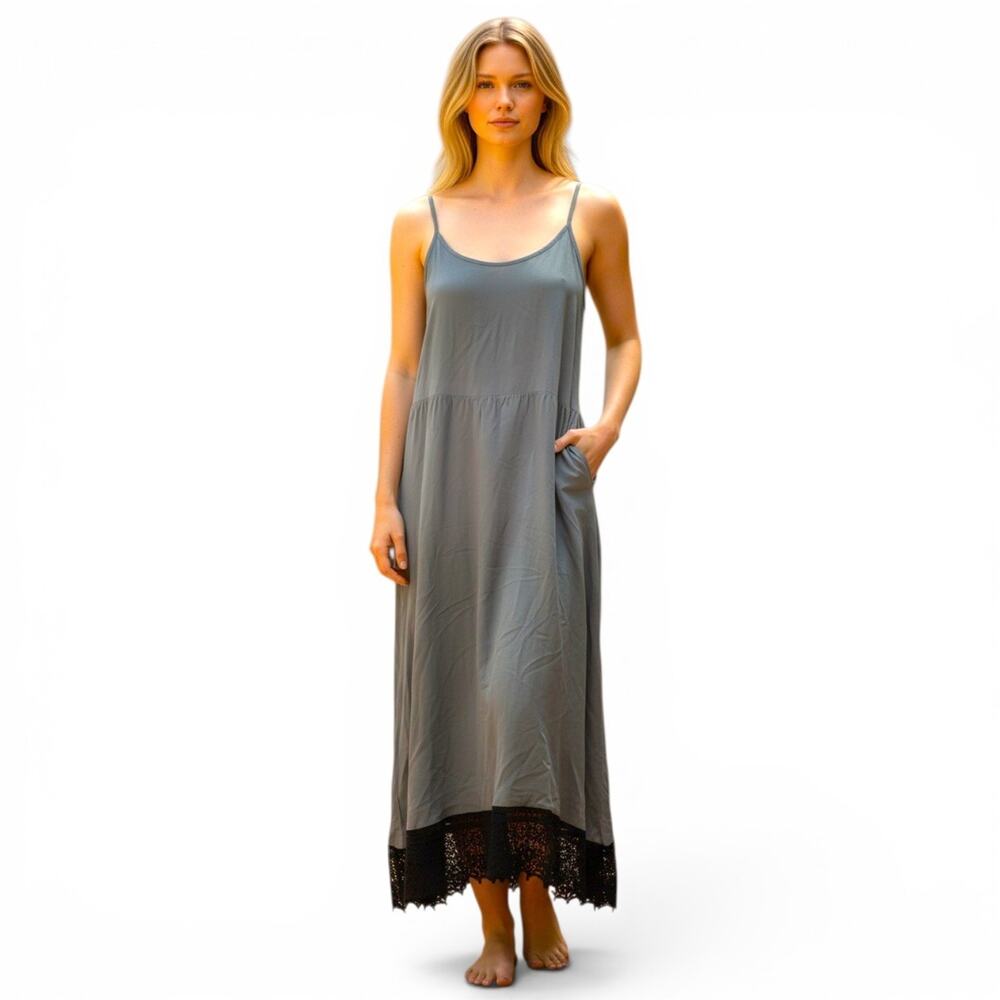 Intimately Free People Slip Dress Crocheted Lace Trim Grey Black Whimsygoth XS